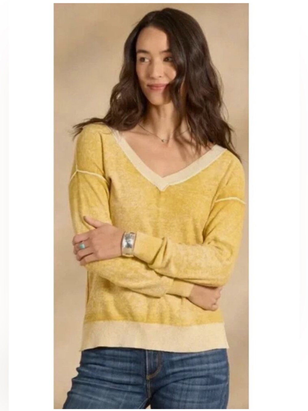 Sundance NWOT Cotton  V-Neck Relaxed, Distressed Sweater in Mustard Yellow